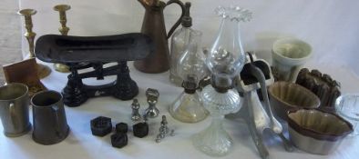 Various items inc jelly moulds, brass candlesticks & weighing scales