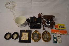 Canon & Kodak cameras, miniature pictures, ceramic dish, flash bulbs etc