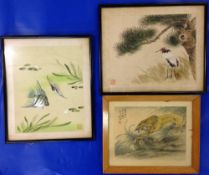 3 framed Oriental paintings on silk of wildlife