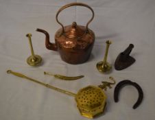 Copper kettle, brass lizard, brass feather etc