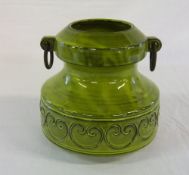 Green pottery vase with metal ring handles h 20 cm