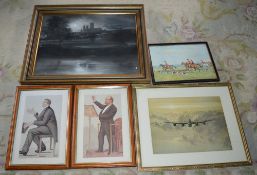 2 Spy prints, Lancaster bomber print, hunting print & a charcoal of Lincoln at night