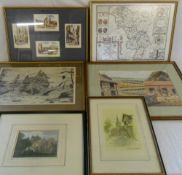 Various prints inc Map of Derbyshire & farmyard scene