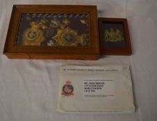 Assortment of framed badges & helmet plates to mainly Notts & Derby regt and Army ephemera to John
