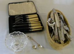 Various SP, cased set of cutlery & 2 silver spoons