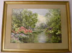 Watercolour of Savill Gardens, Windsor Great Park signed Violet Thorpe Lindsey 47 by 32.5 cms