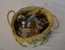 Various coins, silver plate, cutlery etc