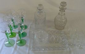 Various glassware inc decanters & green stemmed wine goblets