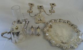 Assorted SP inc candleholder & snuffer, teapot & candelabra