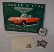 Jaguar E Type metal wall sign, Jaguar RAC badge, Jaguar Series 3 V12 handbook etc