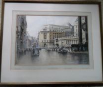 Watercolour 'City of London vista of notable banks' with signature Richard George Mathews (1870 -