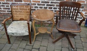 Early 20th cent office swivel chair, cane back chair & sm occ table