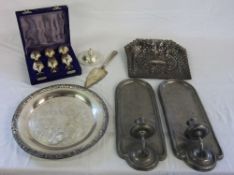 Various items of SP and pewter inc wall sconces, crumb tray & RAF paperweight