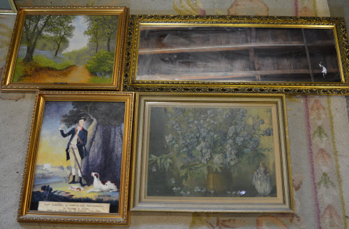 Gilt framed mirror, framed print and two oil paintings
