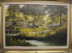 Lg oil on canvas 'Bluebell Forest' signed J.T. 76cm x 51cm