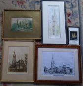 Various pictures & prints inc original watercolour of St James' church, Louth by L Porter