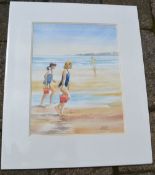 Watercolour of a beach scene with two girls with sandcastle buckets in the foreground by local