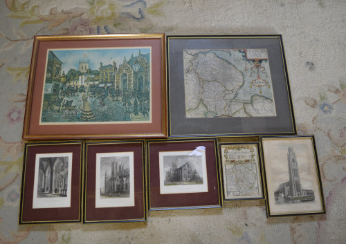 Various prints inc Colin Carr, map of Lincolnshire etc