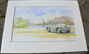 Watercolour of a landscape featuring a Morris Minor in the foreground by local artist David Morris