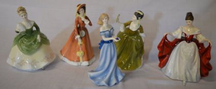 4 Royal Doulton lady figures (HN2705, HN2265, HN2378, HN2312) & a Royal Worcester 'Taurus' figure