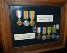 Groups of Lincolnshire regiment medals in glazed frame. No 7753 Pte Arthur Luddington, 2nd