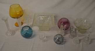 Coloured glass, vases, glass bells etc