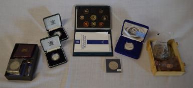Box of GB crown coins, 1995 Royal Mint proof coin collection (1p to £2), £5 silver proof coin for