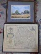 Map of Lincolnshire &  watercolour 'Cornfield Elkington'