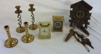 Brass candlesticks, 2 carriage clocks & cuckoo clock