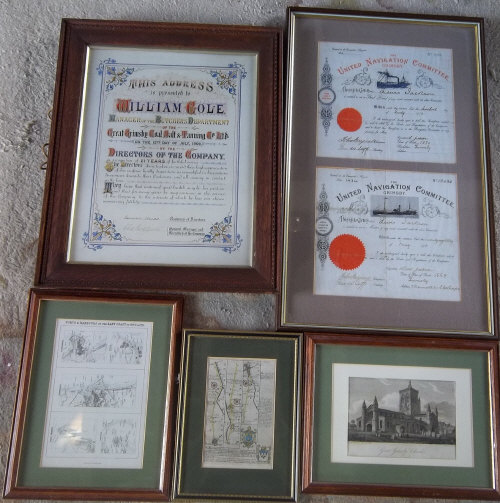 3 prints inc Great Grimsby Church and Ports & Harbours on the East Coast of England & Certificates