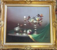 Oil on canvas of fruit bowl & candlestick etc 76 cm x 65 cm