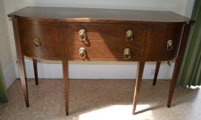 Early 20th cent reproduction Geo bow fronted sideboard with inlay stringing & lion mask handles