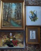 Various pictures inc oil on tile (glass broken), oil of a woodland scene & print of a lady