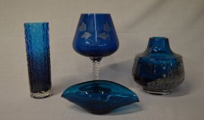 4pc blue coloured glass inc Whitefriars style vase