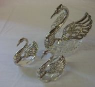 3 silver swans with glass bodies (lg continental silver, 2 sm Birmingham 2003)