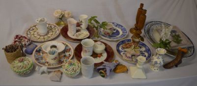 Ceramic commemorative plates, candlesticks, faux flowers etc