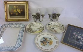 Various items consisting of pr of wall lights, plates, meat dish & pictures