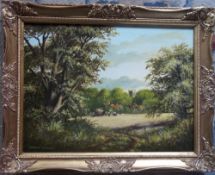 Oil on canvas landscape by Gordon Lindsay of an agricultural scene through a clearing  48 cm x 39