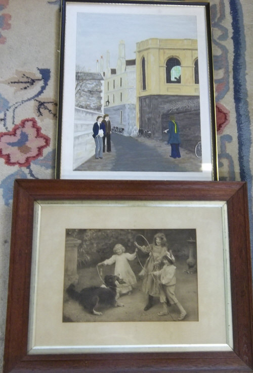 Print of children & a dog and an acrylic painting of Queens College Oxford