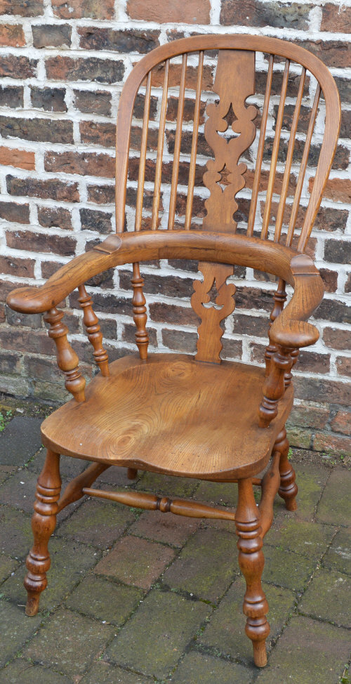High back elm seated Windsor chair with double stretchers