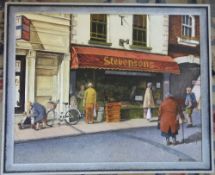 Oil on board of Stevenson's grocers shop entitled 'Shopping in Eastgate' by David Hammond 55.5 cm