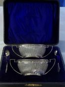 Cased set of silver salts with spoons approx 2.18 oz Birmingham 1898 Maker William Devenport