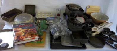 2 boxes of vintage kitchenalia inc mixing bowl, scales, tartlet's, bun tins, trays etc