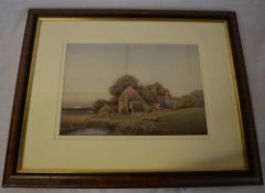 Watercolour of landscape with farm in foreground by J Reginald Goodman
