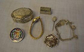 Silver charm bracelet, S.P boxes, brooches etc