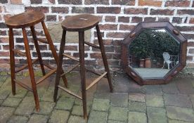 Pr of elm bar stools & a framed mirror