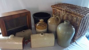 Old PYE radio, wicker basket and assortment of old ceramic jugs and bed warmers