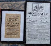 Framed poster of Sentences of the Prisoners for the Lincolnshire Summer Assites 1831 & framed poster