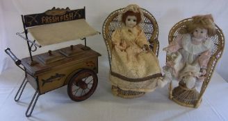 2 dolls with chairs & a miniature fresh fish sellers cart