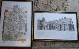 Framed pictorial map of Lincolnshire and a print of Gainsborough Old Hall